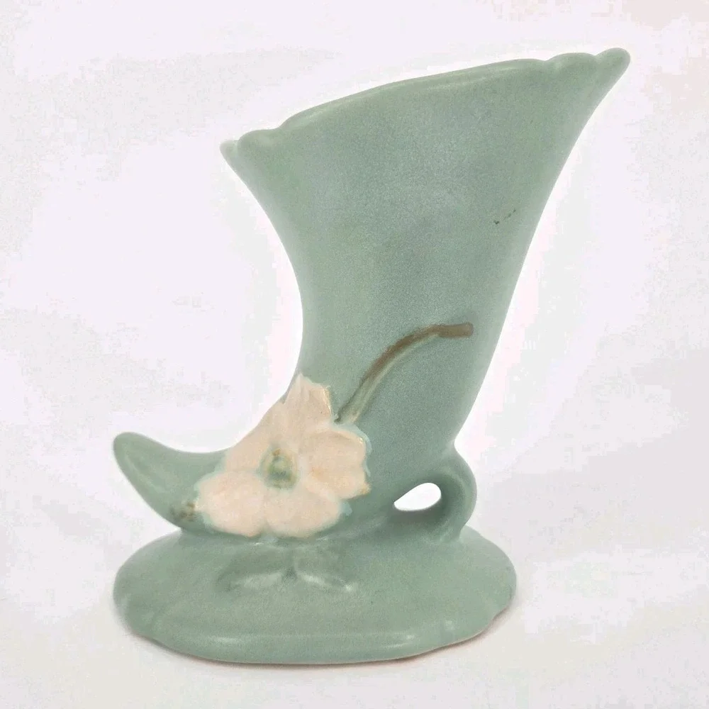 Vintage Weller Pottery Dogwood Cornucopia Vase Matte Green Pink Floral 6 Inch OH